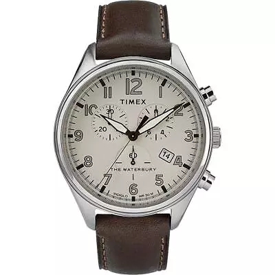Timex Men's Watch Waterbury Chronograph Cream Dial Leather Strap TW2R88200 • $59.99