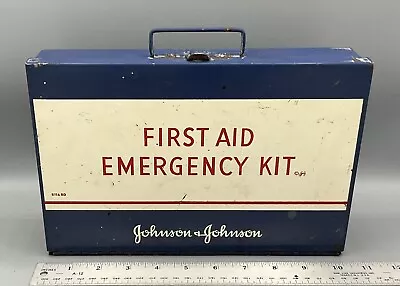 Vtg Johnson & Johnson Emergency First Aid Kit Blue Metal Wall Mount Box EMPTY • $17.99