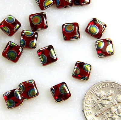 Flat Square Beads 6x6mm Red W/Peacock Finish Preciosa Czech Beads 20 Bead • $5.99