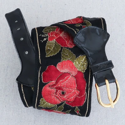 $74.99 • Buy Vintage 1970s 1980s Yves Saint Laurent Jacquard Ribbon Red Roses Belt