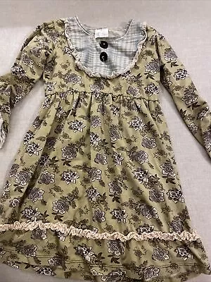 Matilda Jane Field Trip Sally Lap Dress Long Sleeve Green Brown Floral Size 6 • $26.99