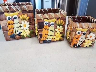 3 Vintage Handmade From Philippines Woven Owl And Floral Design Planters • $35