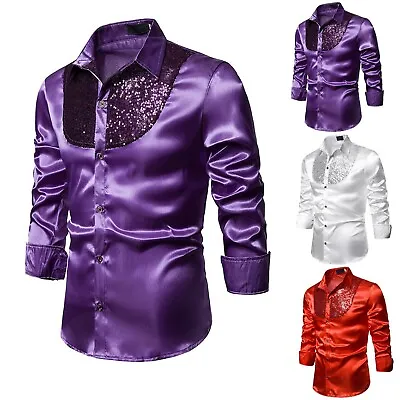 Men's Sequin Dress Shirt Button Down 70s Disco Party Sparkly Metallic Shirt • £19.18