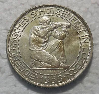 1939 Switzerland 5 Francs Silver Coin Lucerne Shooting Festival Au-unc • $59.95