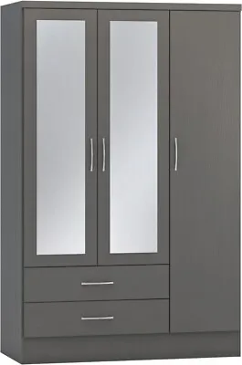 Nevada  3 Door 2 Drawer  Mirrored Wardrobe Grey 3D Effect • £255.99