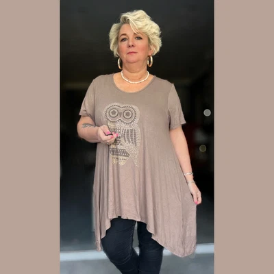 Womens Ladies Long Length Top Short Sleeve T-shirt Studded Plus Size • £23