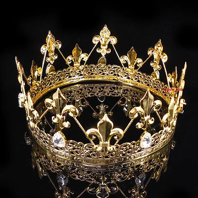 Men's Imperial Medieval Fleur De Lis Gold King Metal Crown 8cm Tall 56.5cm Circ • £23.39