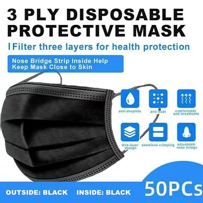 50 Pcs Black 3-Ply Face Mask Disposable Non Medical Surgical Earloop Mouth Cover • $4.90