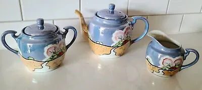 Vintage Japanese Lusterware Tea Pot Sugar Creamer Set Blue Peaceful Winding Road • $35