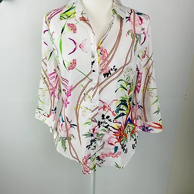 W.Lane Size 8 Button Up Shirt Blouse White Floral 1/2 Sleeve BNWOT Cotton • $14.98