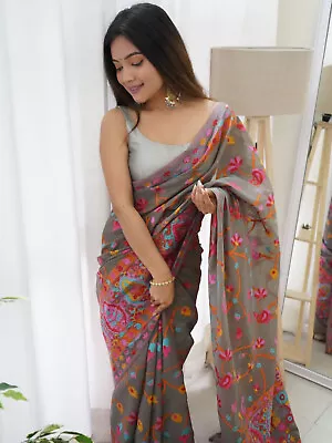 Indian Festive Season Wear Designer Grey Banarasi Soft Silk Saree & Blouse AS • $34.99