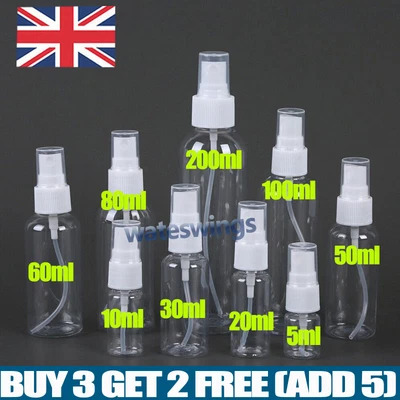 £3.17 • Buy 5-200ml Transparent Spray Bottle Plastic Refillable Small Travel Mist Empty Girl