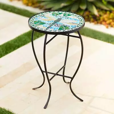 Modern Black Outdoor Accent Table 14  Wide Blue Green Dragonfly Mosaic For Porch • $74.99