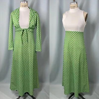 Vintage Green Dress SIZE LARGE Green Polka Dot 70s Maxi Retro Long Jacket • $58