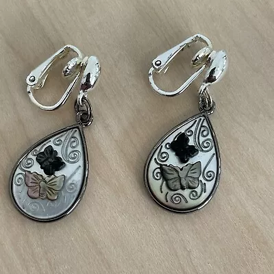 Monet Clip On Black Silver Tone Teardrop Dangle Drop Butterfly Earrings Vintage • $8