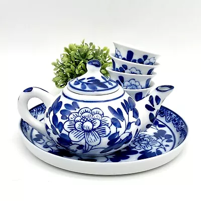 Chinese Porcelain Tea Set Blue & White Floral With Tray Vintage • $32.30