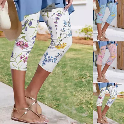 Ladies Leggings Casual Floral Print Stretch Capri 3/4 Summer Pants Trousers SIZE • £8.39