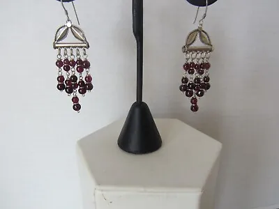 Vintage Sterling 925 Bali Style Beaded Garnet Chandelier Earrings • $35