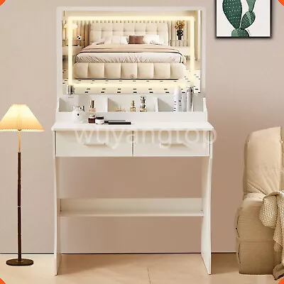 Dressing Table Makeup White Vanity Desk Shelves Set With LED Mirror + 2 Drawers • $146.83