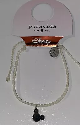 NEW Pura Vida X Disney Mickey Mouse Hanging Silver Charm Bracelet O/S White Cord • $7.99