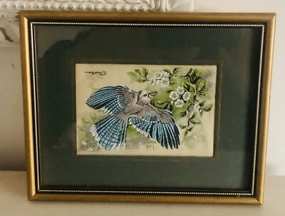 £9.99 • Buy Vintage Blue Jay Bird By J&J Cash Silk Woven Art Picture Glazed Frame 6 X 7.5”