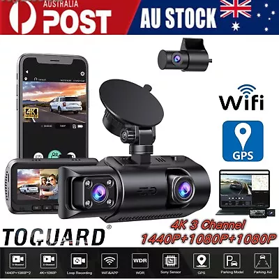 $189.99 • Buy TOGUARD Uber 3 Channel WiFi GPS 4K Dash Cam Front Inside And Rear Car Camera DVR