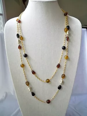 Vintage Shades Of Amber Lucite Bead & Chain Gold Tone Two Strand Necklace • $12.85