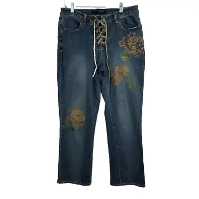 VENEZIA Jeans Womens 16 Blue Vintage Painted Flowers • $17.99