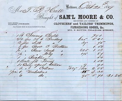 Moore & Co Baltimore MD 1859 Billhead Clothiers & Tailors Trimmings • $17.84