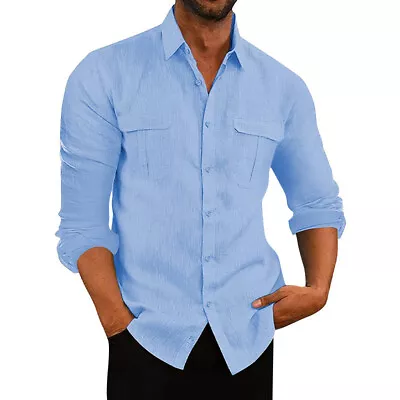 Men Cotton Linen Shirts Tops Long Sleeve Casual Button Down Blouse T Shirt M-3XL • $19.99