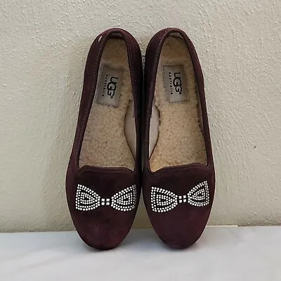 UGG Australia 1006713 ALLOWAY Burgundy Suede Crystal Bow Loafers Women's Size 5 • $26.97