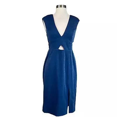 Aidan Mattox Women's Cocktail Dress Blue Metallic Cutout Midi Sheath Size 12 • $39.99