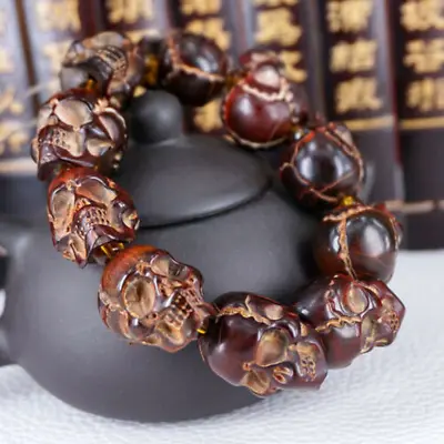 2.0cm*2.1cm Livestock Buffalo Horn Carved Skull Bead Bracelet Statue Gift • $45.99