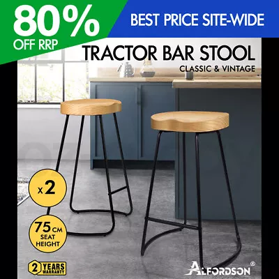 $144.95 • Buy ALFORDSON 2x Bar Stools 75cm Tractor Kitchen Wooden Vintage Chair Natural