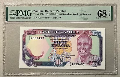 1989-1991 Zambia 50 Kwacha Pick #33b PMG 68 EPQ Superb Gem Unc Top Pop! • $99