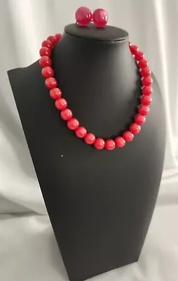 Vintage Cherry Red Pearlescent Beaded Necklace And Earring Set 1950s Jewelry • $15