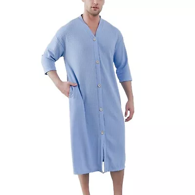 Men's Soft Robe Button Down House Coat Nightgown V Neck 3/4 Sleeve Sleep Shirt • $22.99