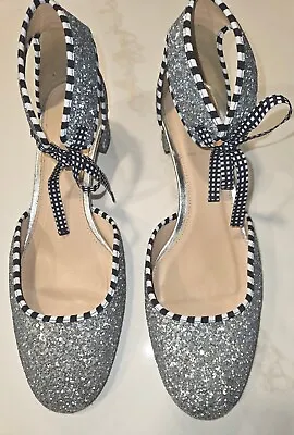 J. Crew Silver Glitter Sparkle Kitten Heel Tie Shoes Sz 10 • $35.87
