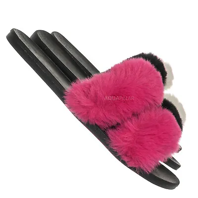 $19.99 • Buy Fullmoon15 Furry Double Strap Slide In Sandals - Faux Fur Indoor Outdoor Slipper