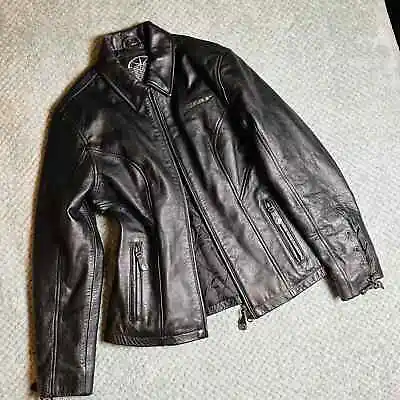 Vintage Black Leather Fitted Moto Biker Full Zip Jacket Womens S/M Yahama  • $60