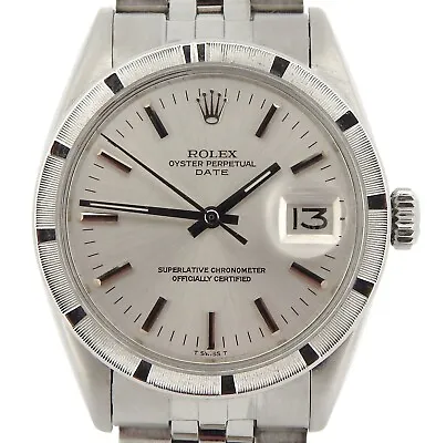 Mens Rolex Date Stainless Steel Watch Engine-Turned Index Bezel Silver Dial 1501 • $3284.98