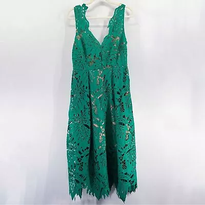 Tracy Reese Green Leaf Foliage Monstera Lace Cutout Maxi Dress Size 10 • $125