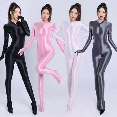 Womens Shiny Satin Full Body Lingerie Zipper Open Crotch Jumpsuit Catsuit Romper • £26.39