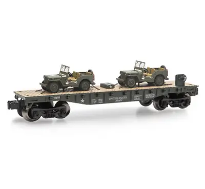 O Gauge Two US Military Army Cargo Jeeps Train Cars Camo Long Army Flatcar • $69.97