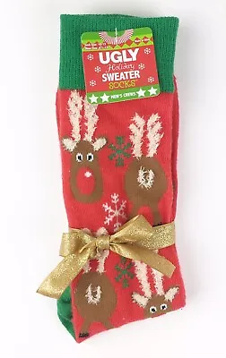 Ugly Holiday Sweater Socks Mens Crew Size 10-13 Christmas Reindeer Fuzzy Antlers • $12.99