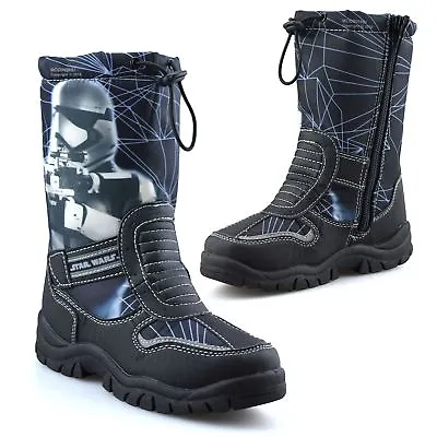 Boys Kids Star Wars Zip Up Waterproof Warm Fur Winter Snow Wellington Boots Size • £10.38