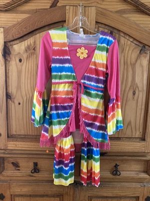 $20 • Buy Girls Flower Child 70’s Pink Tie Dyed Shirt Pants Fringe Outfit Costume Size M/L