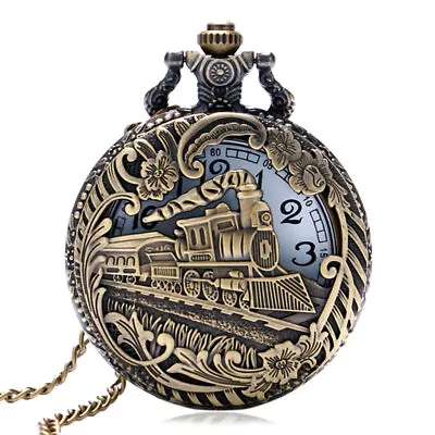 Bronze Train Design Quartz Pocket Watch Vintage Retro Necklace Chain For Men • $4.68