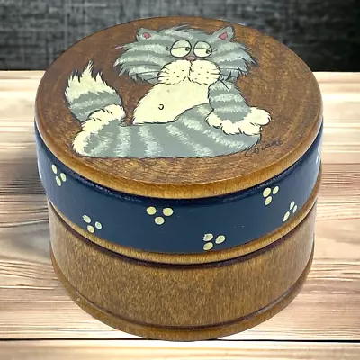 Vtg Round Hand Painted Wood Gray Cat Small Trinket Box 2 1/8  X 2  • $17.95