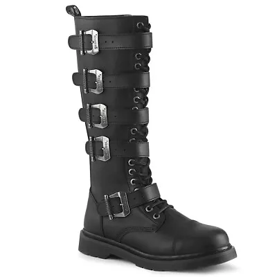 DEMONIA Men's Goth Combat Lace Up Adjustable Buckle Straps Black Knee High Boots • $114.95